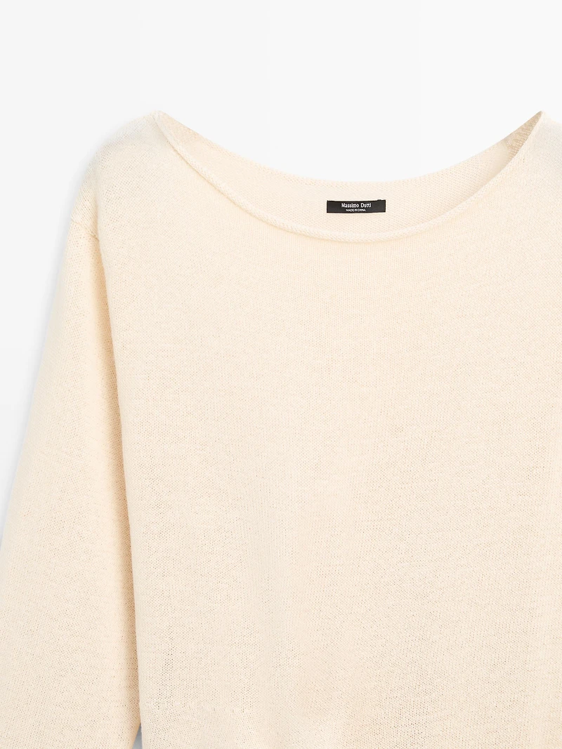 Asymmetric linen blend sweater with tie detail
