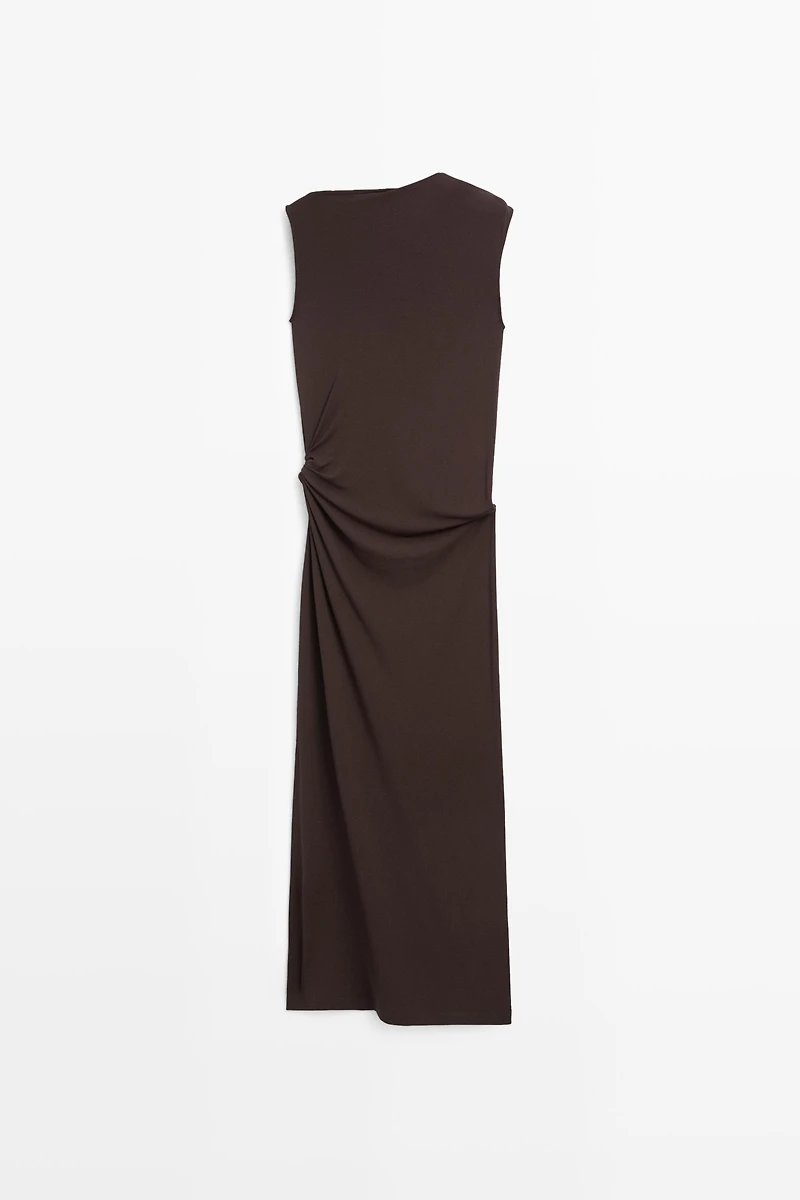 Asymmetric ruched midi dress