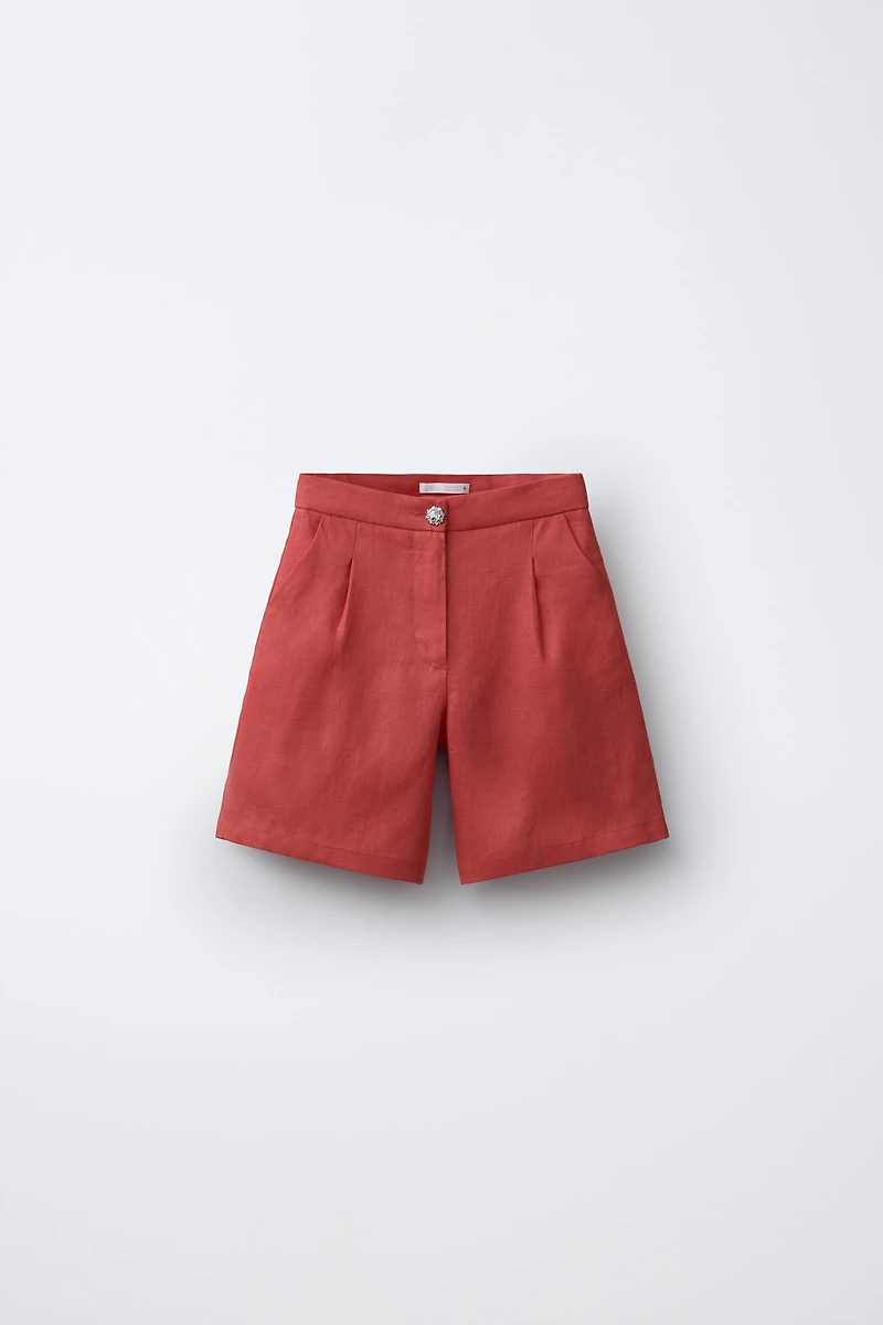 100% LINEN JEWELED BUTTON SHORTS