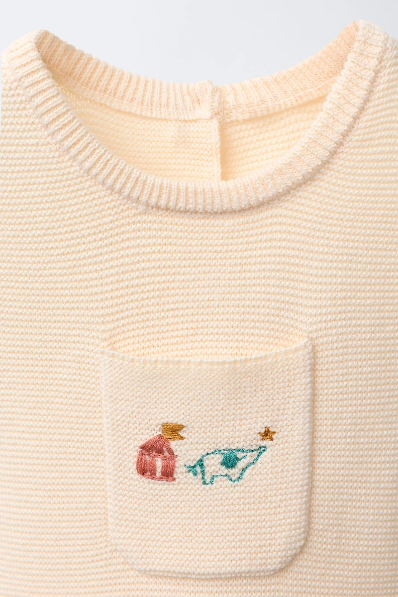 EMBROIDERED ELEPHANT KNIT OVERALLS