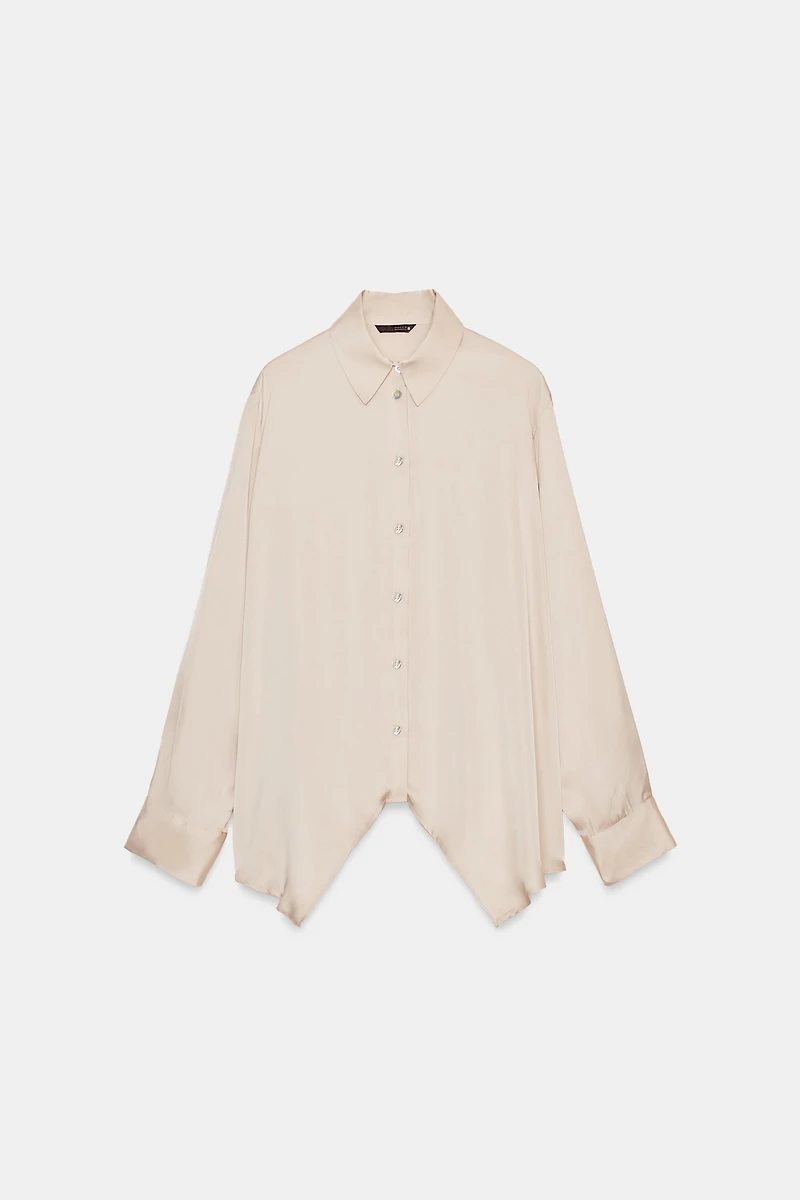 ASYMMETRIC HEM SATIN EFFECT SHIRT
