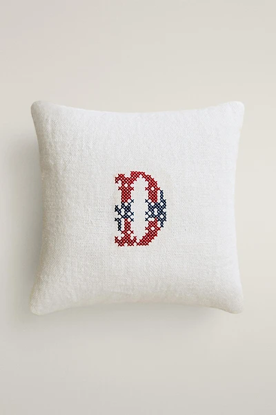 LETTER D EMBROIDERED LINEN CUSHION