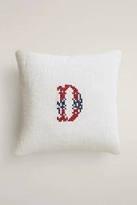 LETTER D EMBROIDERED LINEN CUSHION
