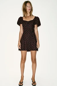 LINEN BLEND BALLOON SLEEVE POLKA DOT DRESS