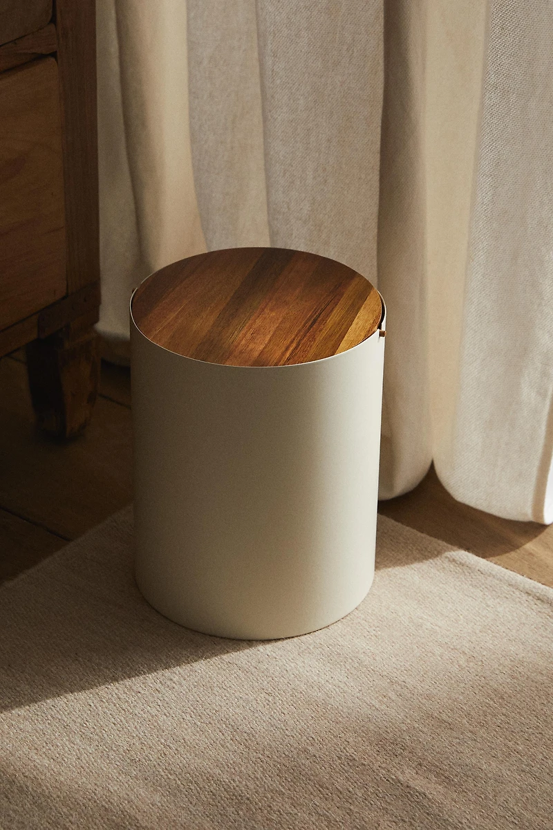 POUBELLE DE SALLE DE BAIN MÉTAL COUVERCLE BOIS