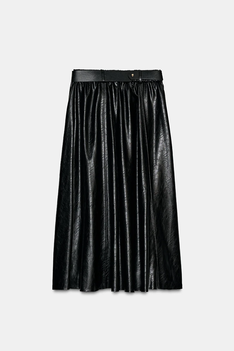 FAUX LEATHER LAYERED BELTED MIDI SKIRT
