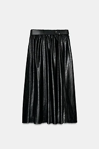 FAUX LEATHER LAYERED BELTED MIDI SKIRT