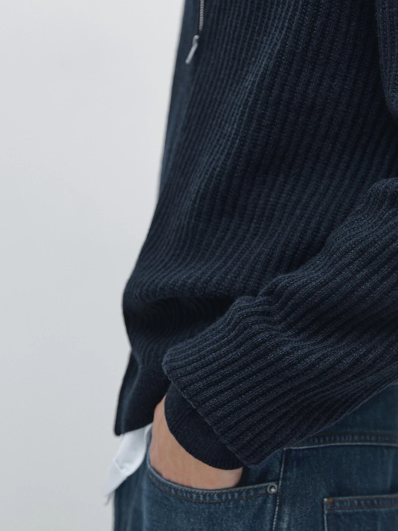 Ribbed knit cotton and wool cardigan with zip