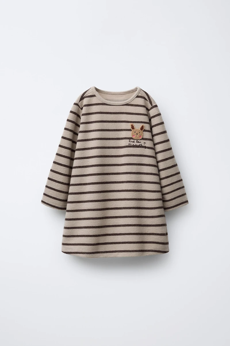 SOFT TOUCH STRIPED DRESS WITH RUFFLED APPLIQUÉ