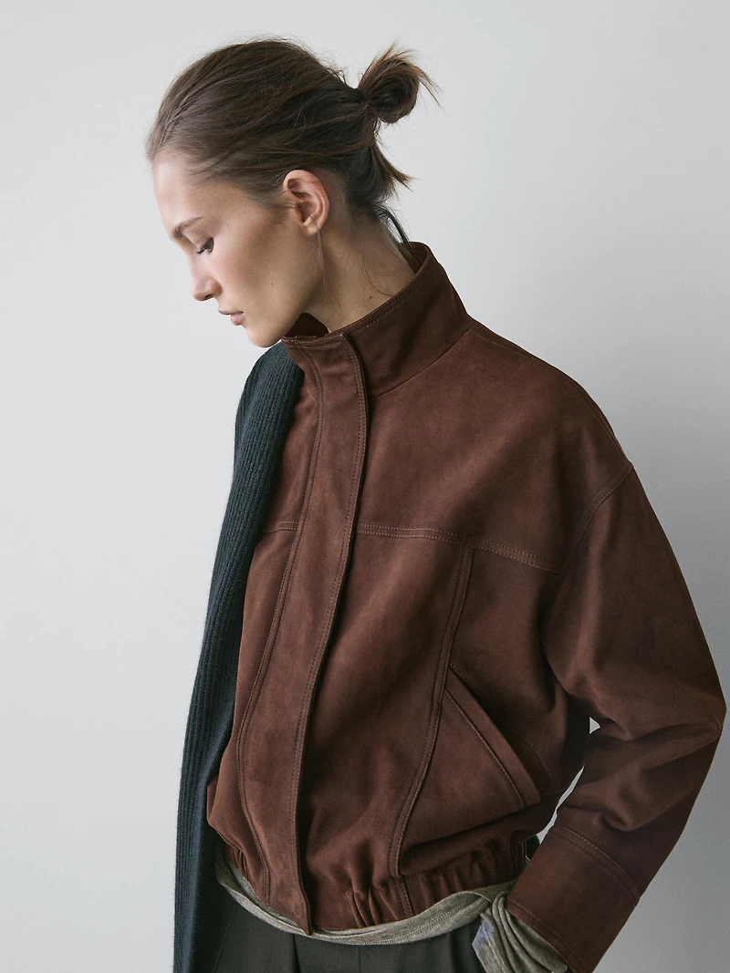 Blouson bomber en cuir effet daim