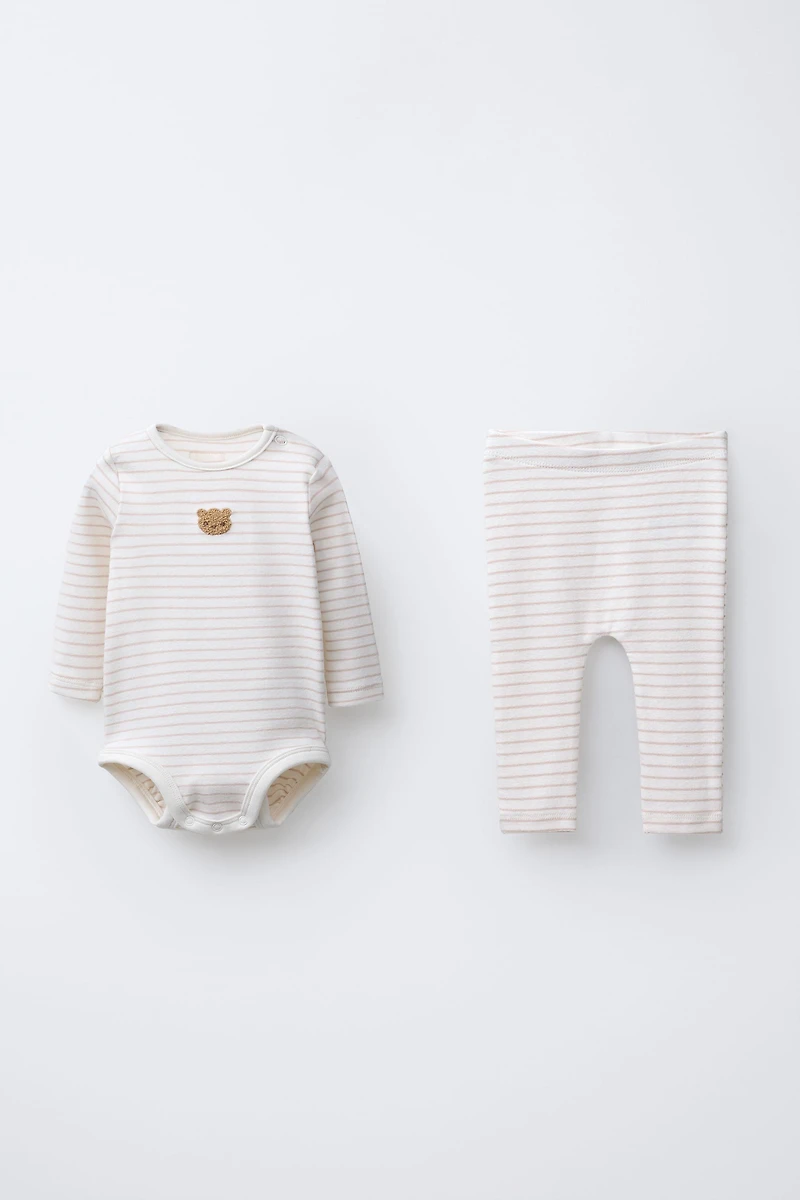 BEAR PATCH AND STRIPED BODYSUIT LEGGINGS SET