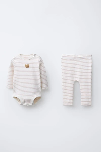 BEAR PATCH AND STRIPED BODYSUIT LEGGINGS SET
