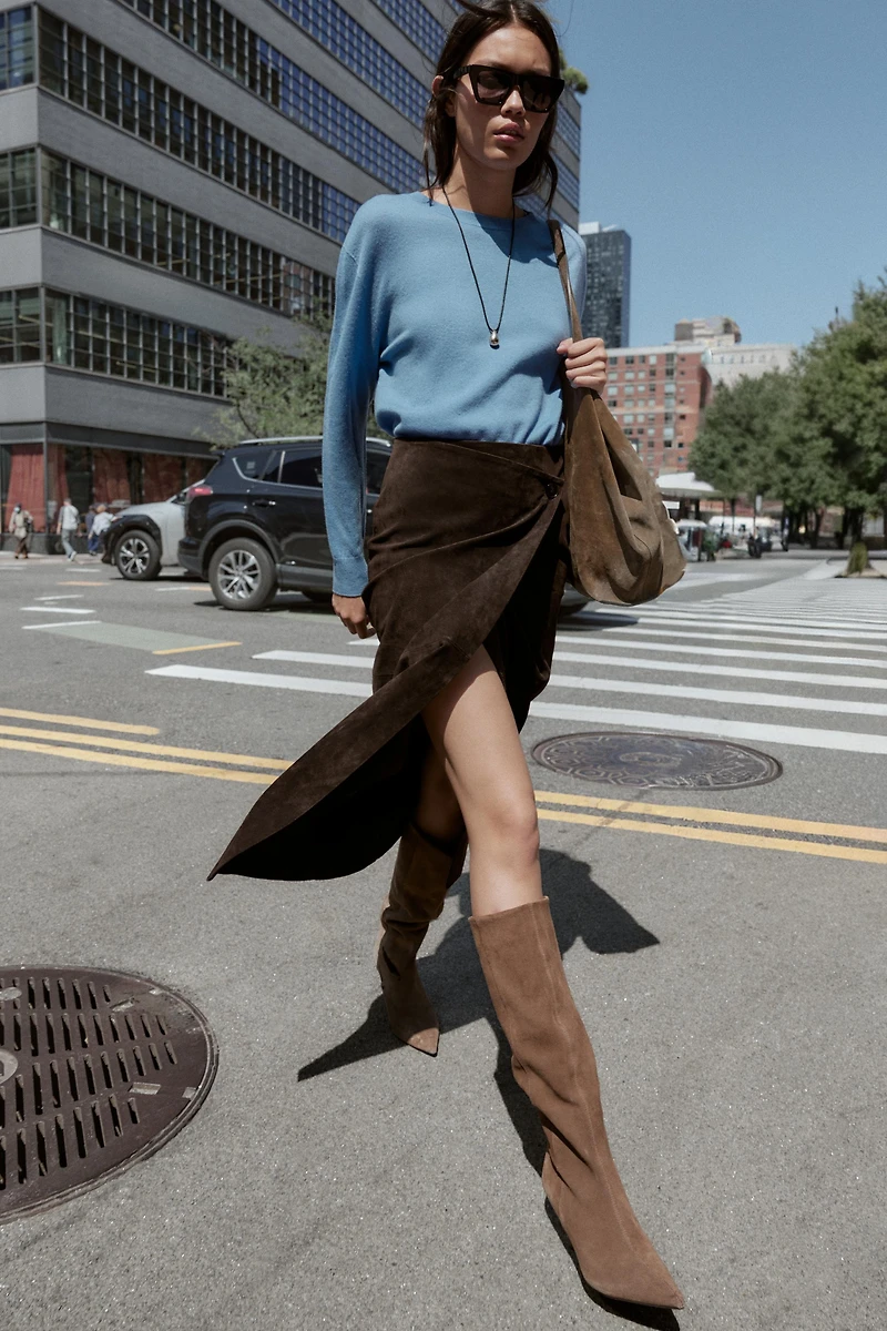 100% LEATHER WRAP MIDI SKIRT