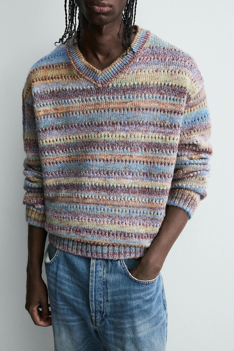 STRIPED OPEN-KNIT SWEATER