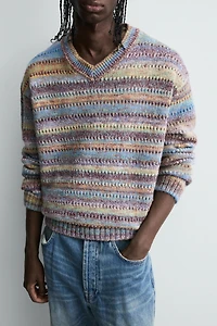 STRIPED OPEN-KNIT SWEATER