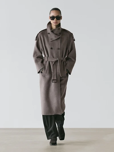 Long wool blend trench coat with belt