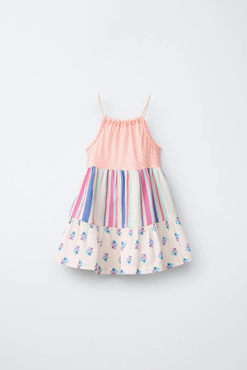 STRIPED AND FLORAL PLEATED DRESS