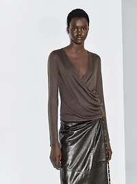 Lyocell and wool top with surplice neckline