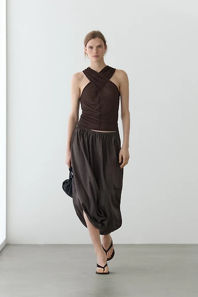 Linen blend top with surplice neckline