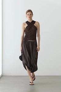 Linen blend top with surplice neckline