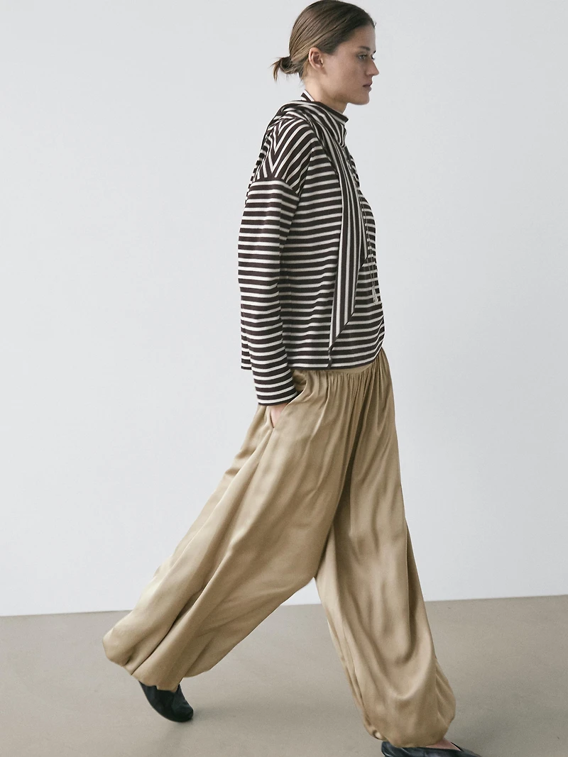 Cotton blend striped T-shirt with scarf detail