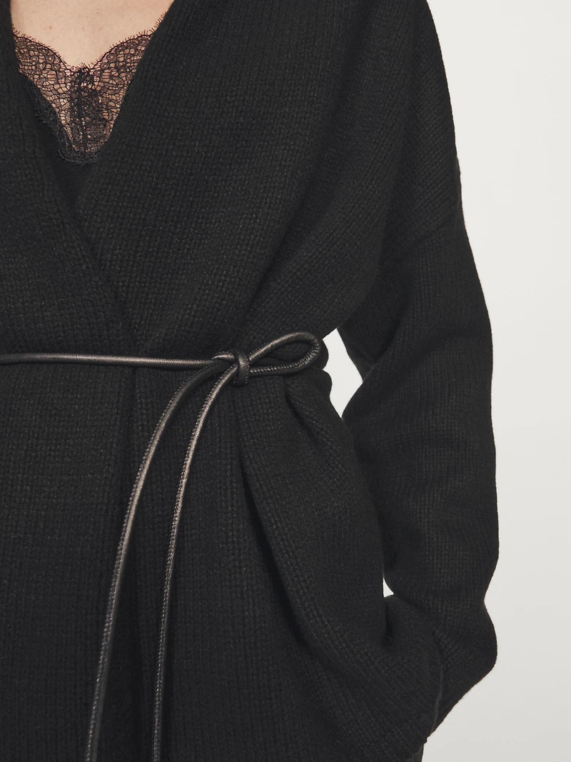Long knit cardigan with belt
