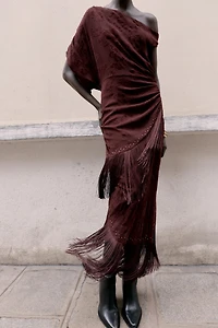 DEVORÉ FRINGED ASYMMETRIC MIDI DRESS