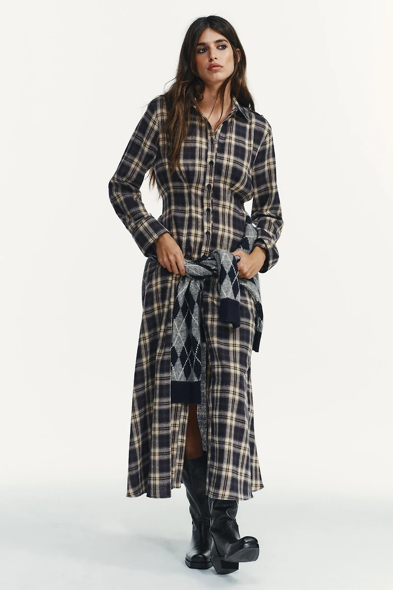 PLAID PLEATED MIDI DRESS