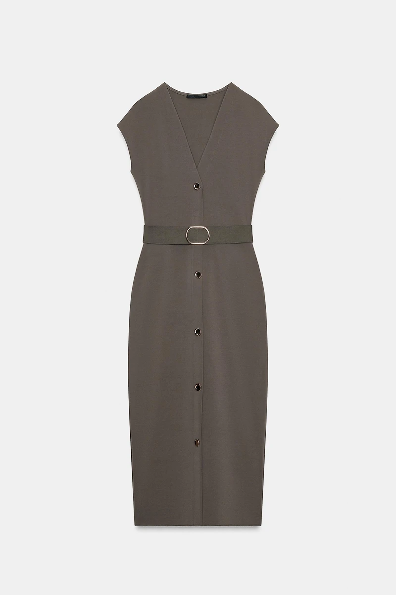 BELTED STRETCH MIDI DRESS