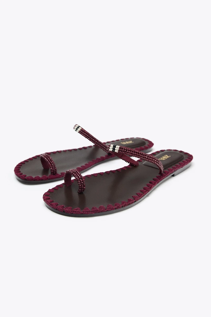 BEADED TOPSTITCHED SANDALS