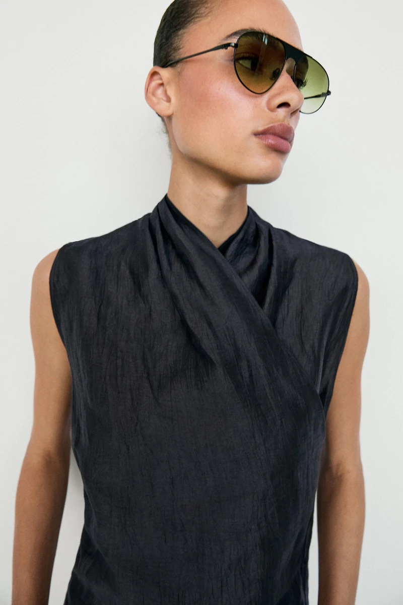 Linen blend sleeveless crossover top