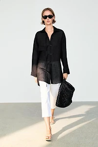 Striped linen blend oversize blouse with button detail