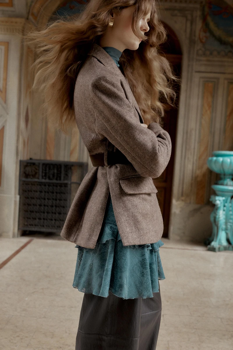 HERRINGBONE BELTED BLAZER