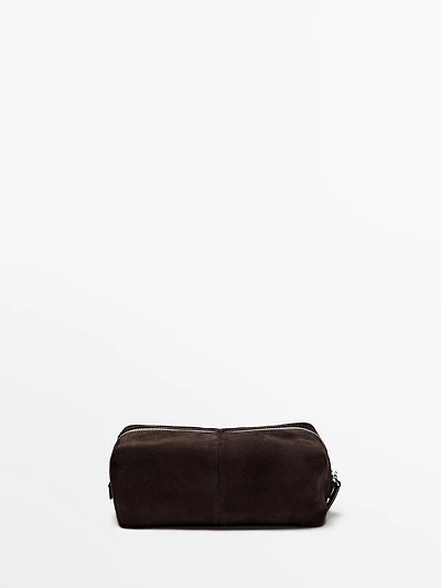 Suede leather toiletry bag with zip