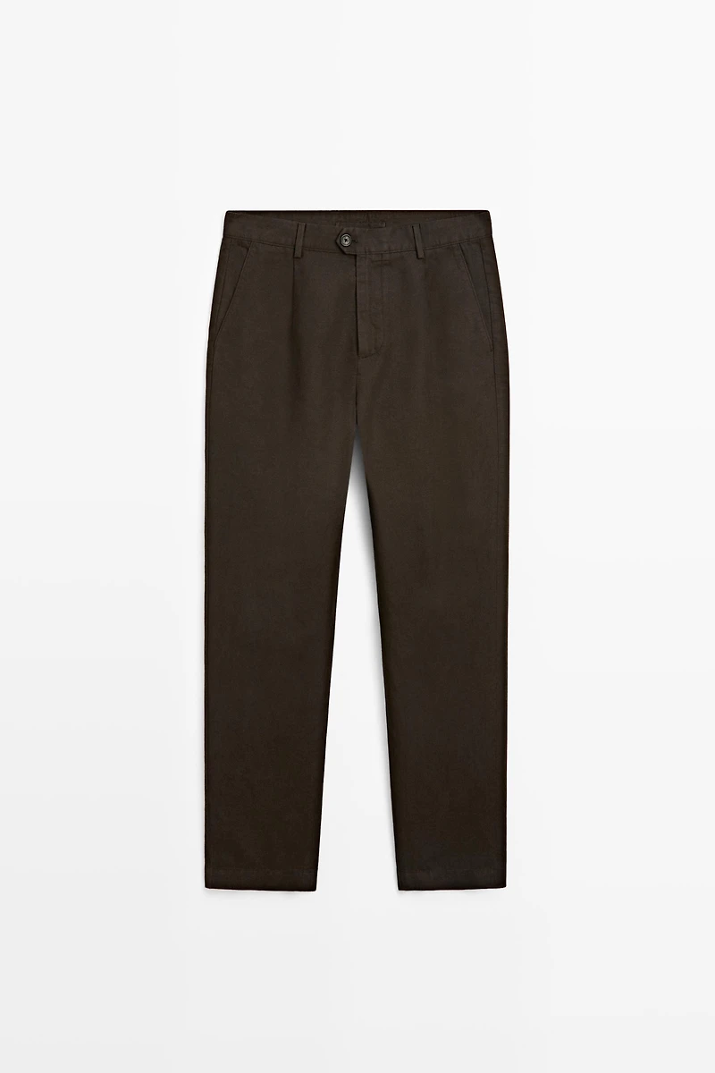 Straight-leg linen and cotton trousers with darts