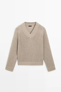 Cotton blend V-neck knit sweater