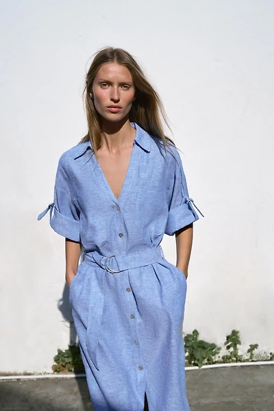 BELTED LINEN BLEND MIDI DRESS