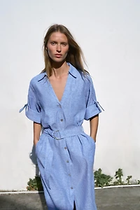 BELTED LINEN BLEND MIDI DRESS