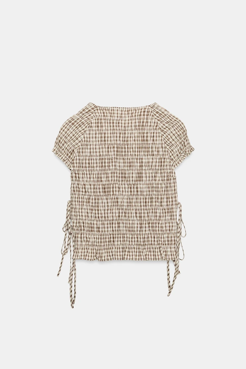 PLAID POPLIN RUCHED TOP