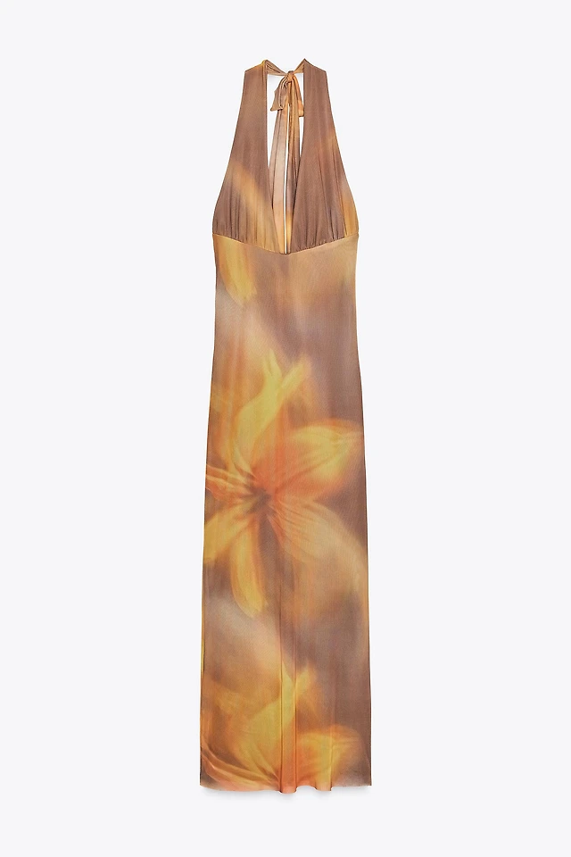 Zara PRINTED TULLE MIDI HALTER DRESS | Place Rosemre