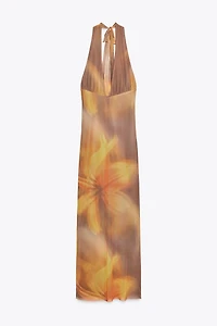 PRINTED TULLE MIDI HALTER DRESS