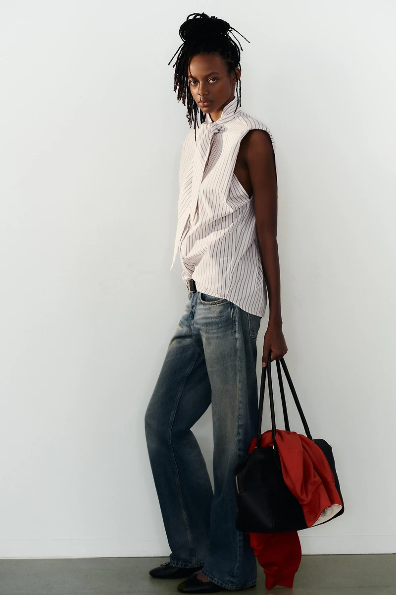 STRIPED TIE-NECK SHIRT WITH SHOULDER PADS