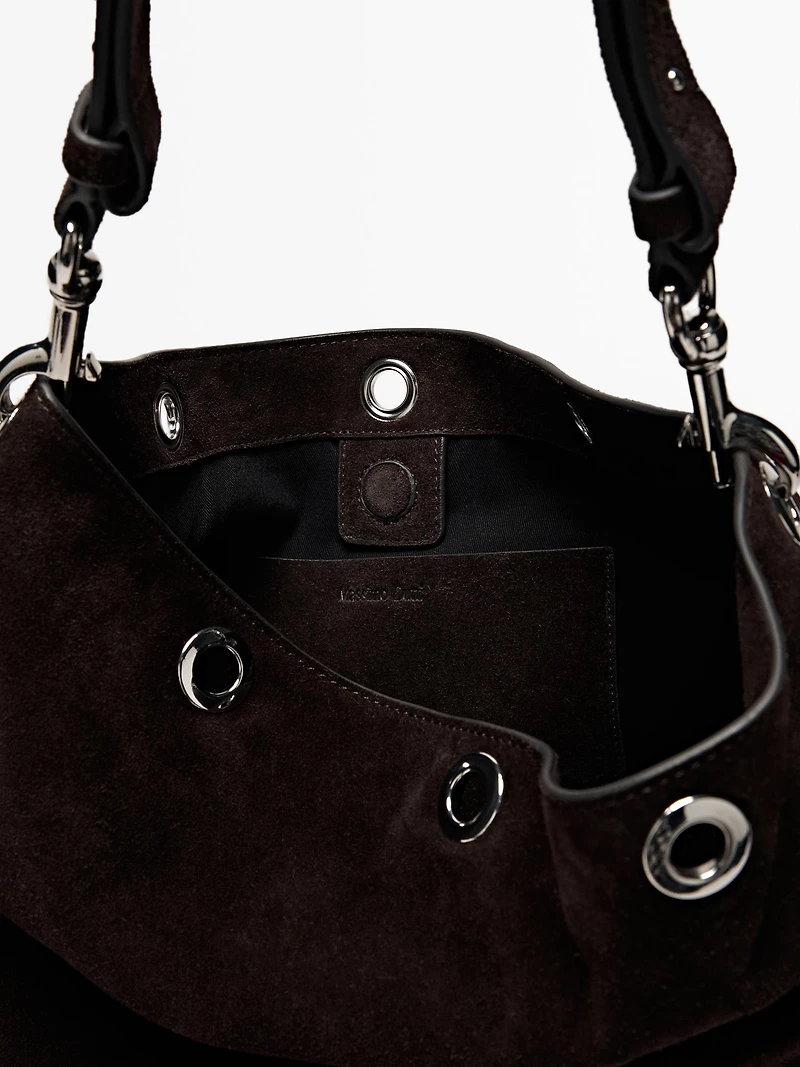 Split suede leather bag with eyelets
