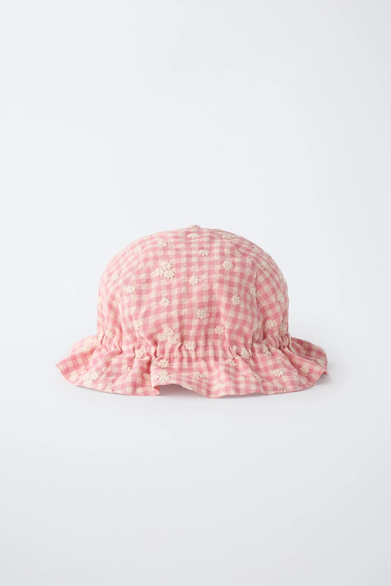 GINGHAM AND EMBROIDERED FLOWER HAT