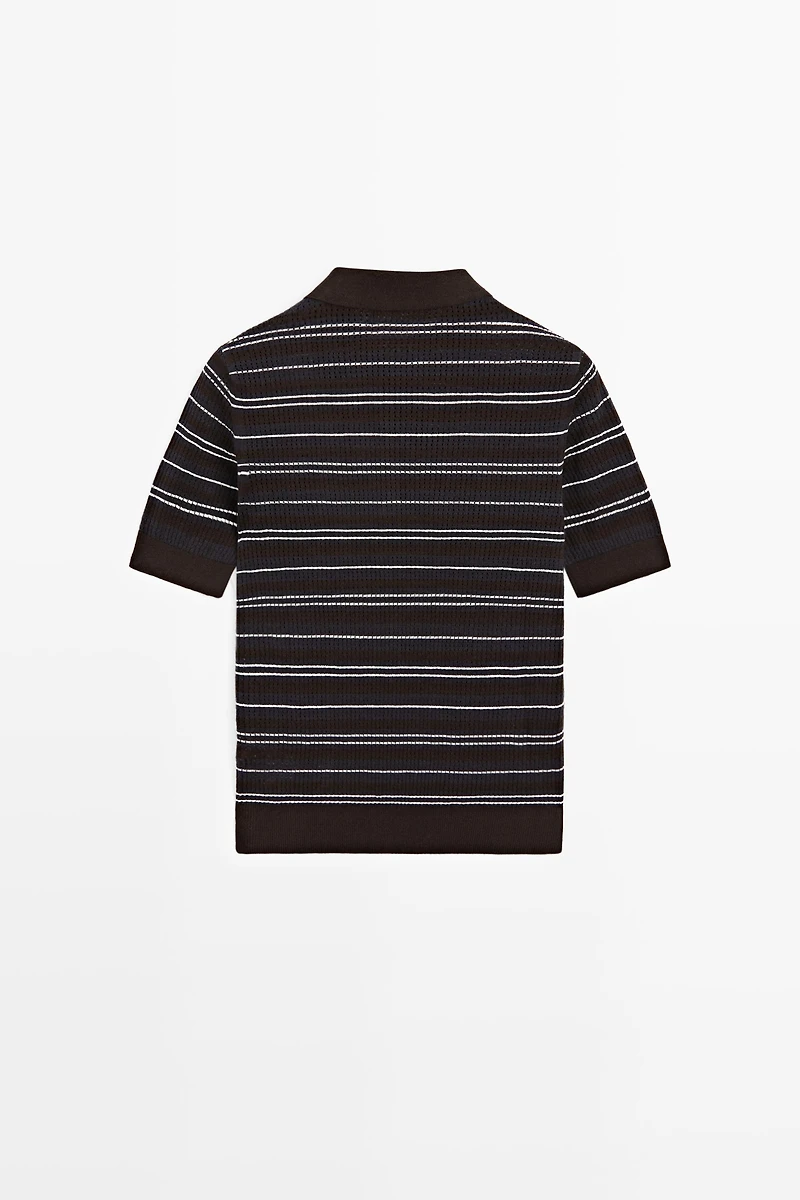 Cotton blend striped open-knit polo shirt