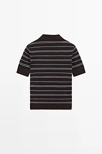 Cotton blend striped open-knit polo shirt