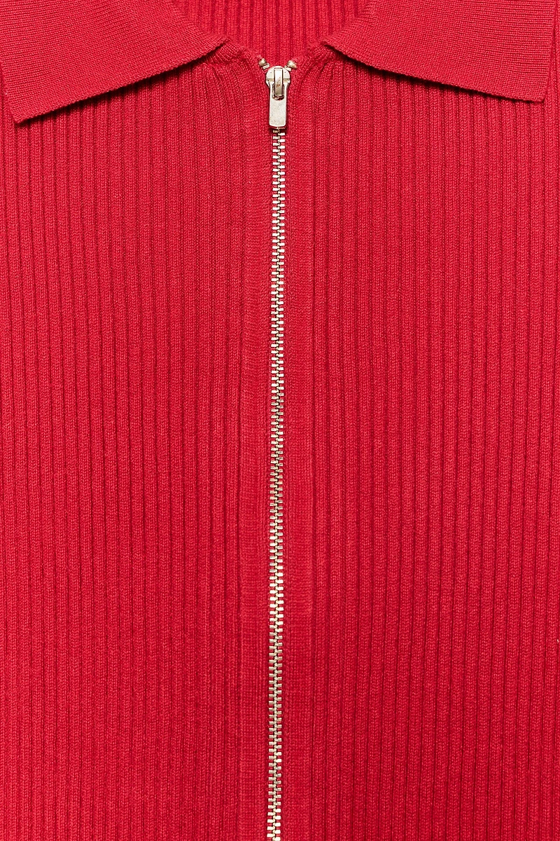 SHORT-SLEEVE RIBBED KNIT POLO JACKET
