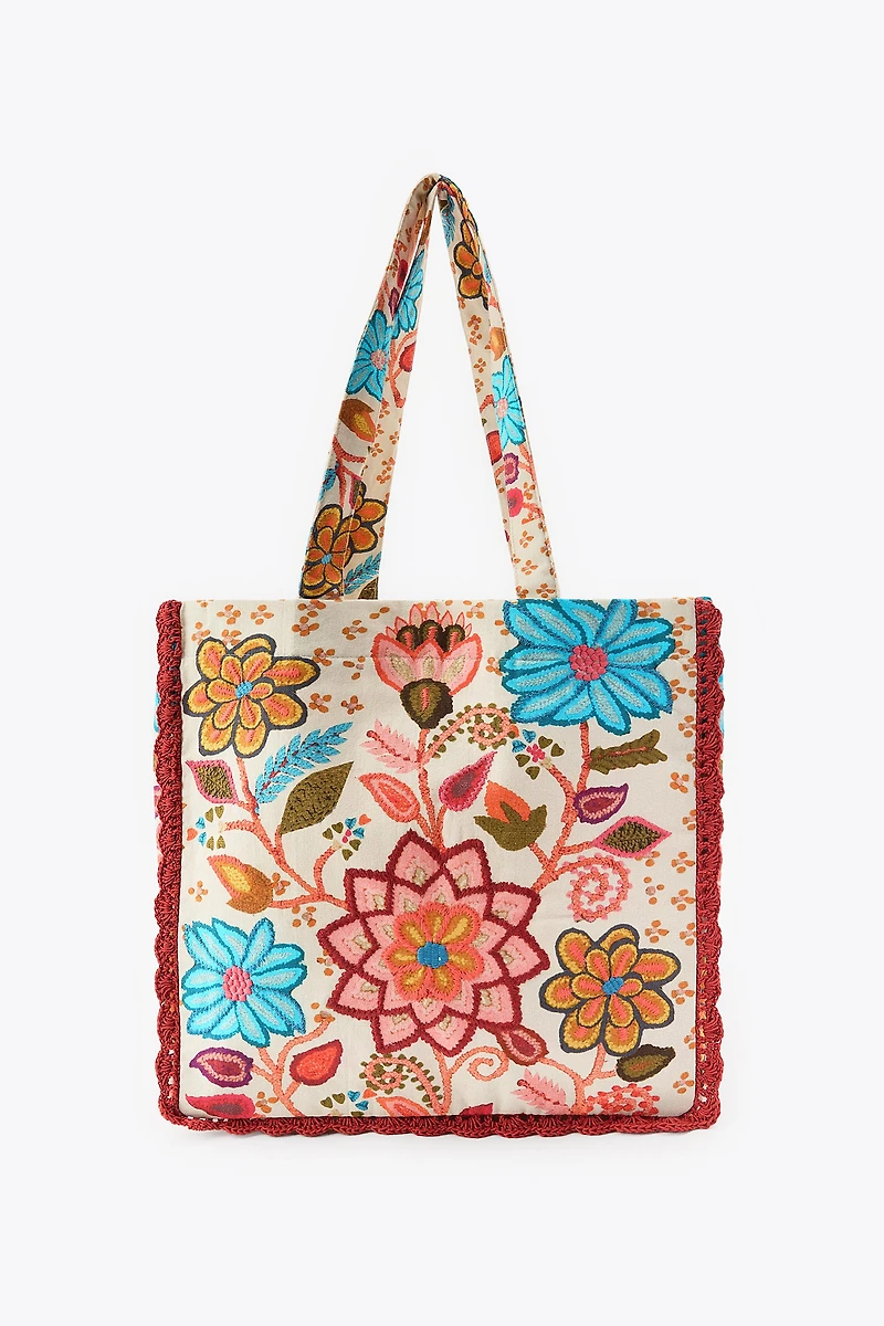 EMBROIDERED FLORAL PRINT MAXI BAG