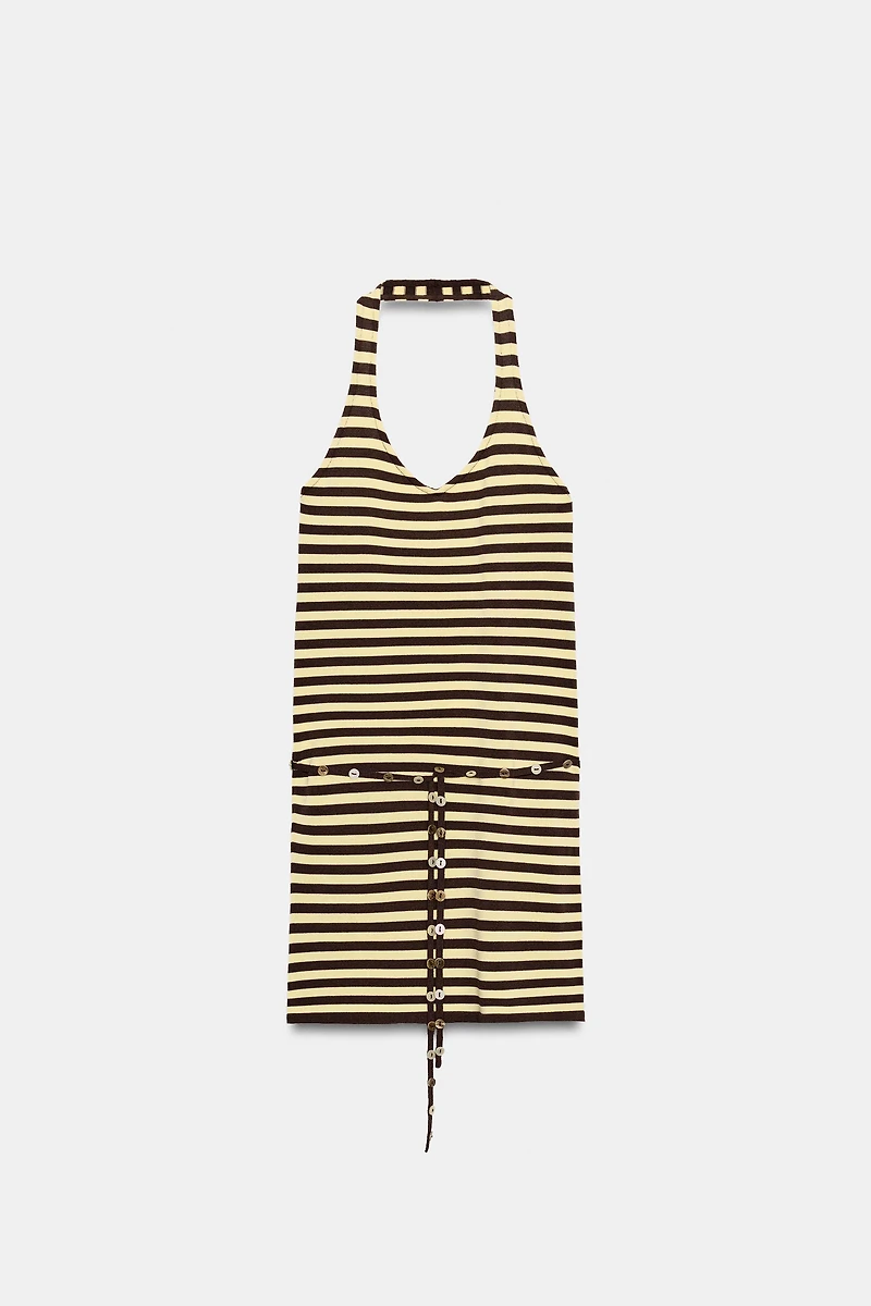 BELTED STRIPED HALTER DRESS