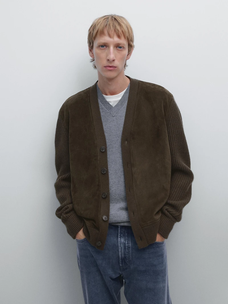 Wool and leather blend knit cardigan